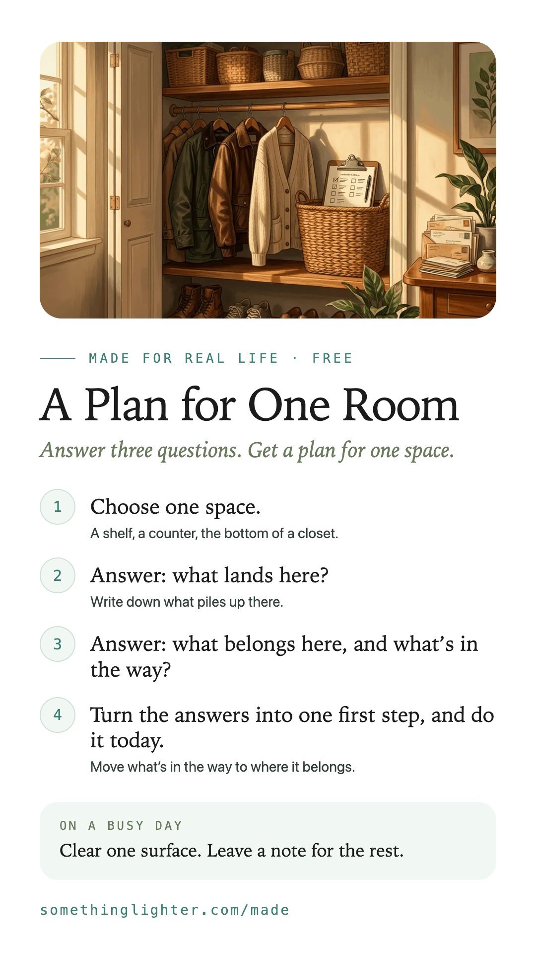 The steps for A Plan for One Room on one phone-sized card