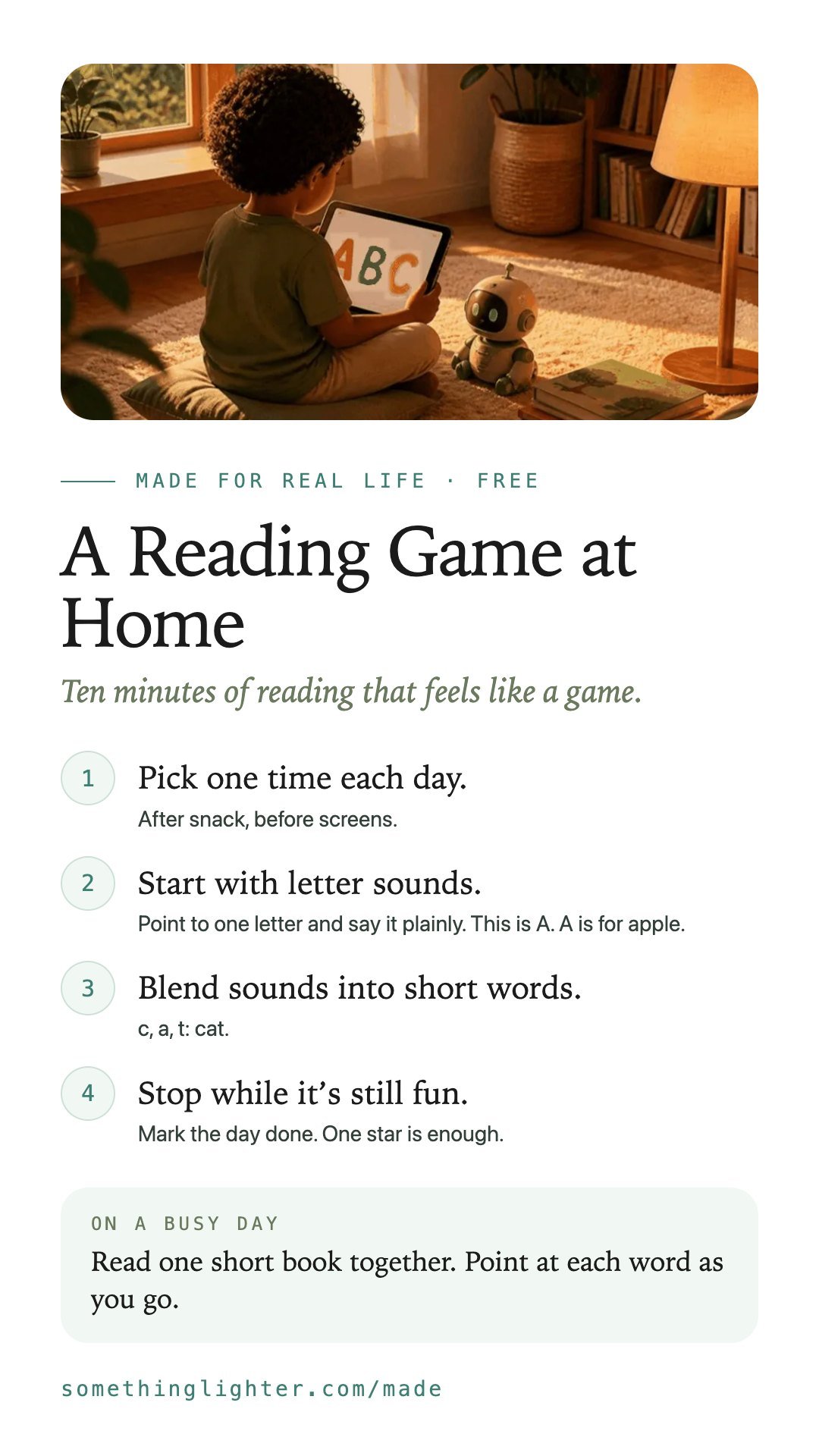 The steps for A Reading Game at Home on one phone-sized card