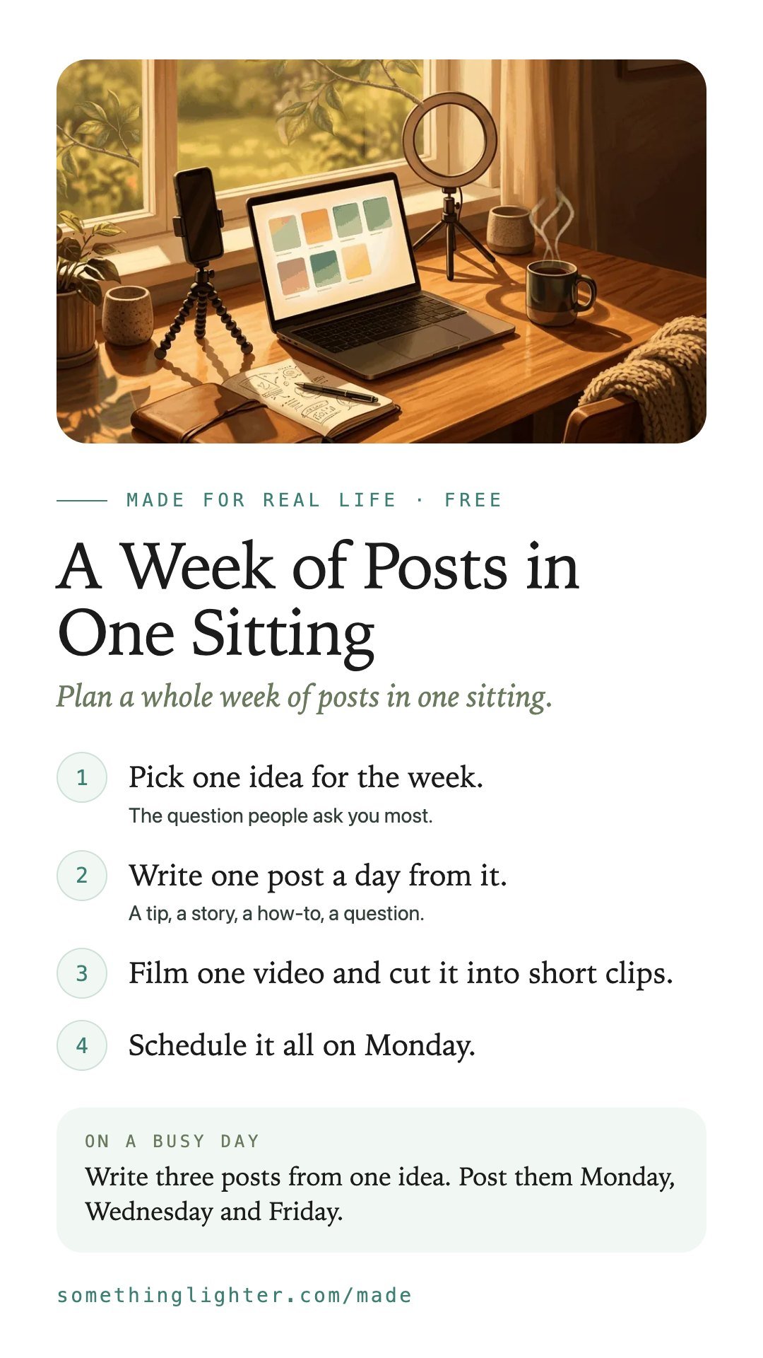 The steps for A Week of Posts in One Sitting on one phone-sized card