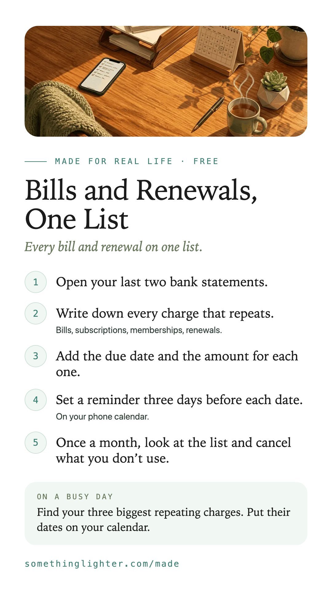 The steps for Bills and Renewals, One List on one phone-sized card