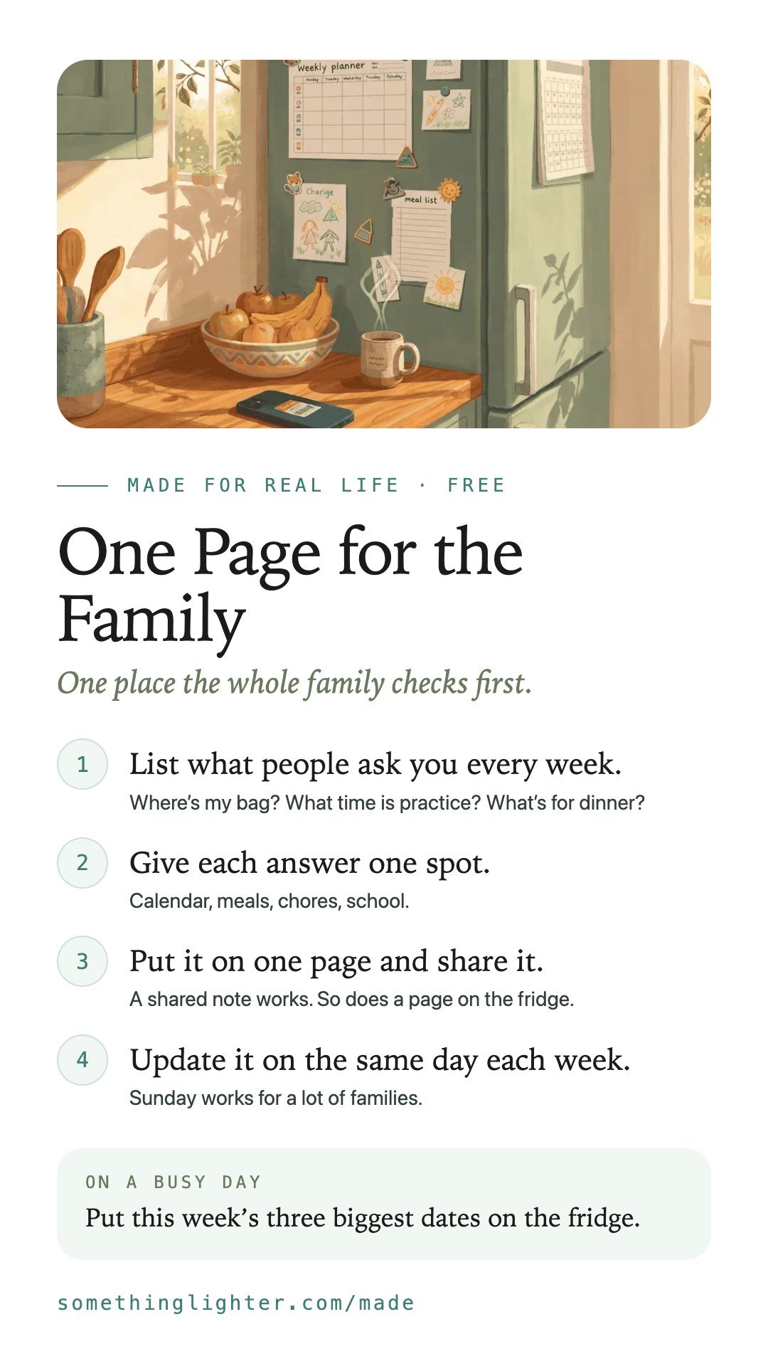 The steps for One Page for the Family on one phone-sized card
