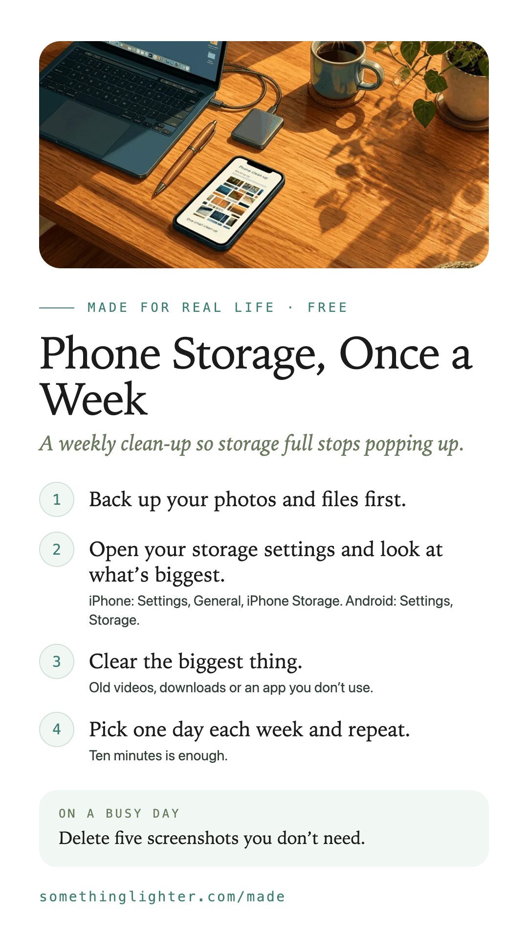 The steps for Phone Storage, Once a Week on one phone-sized card
