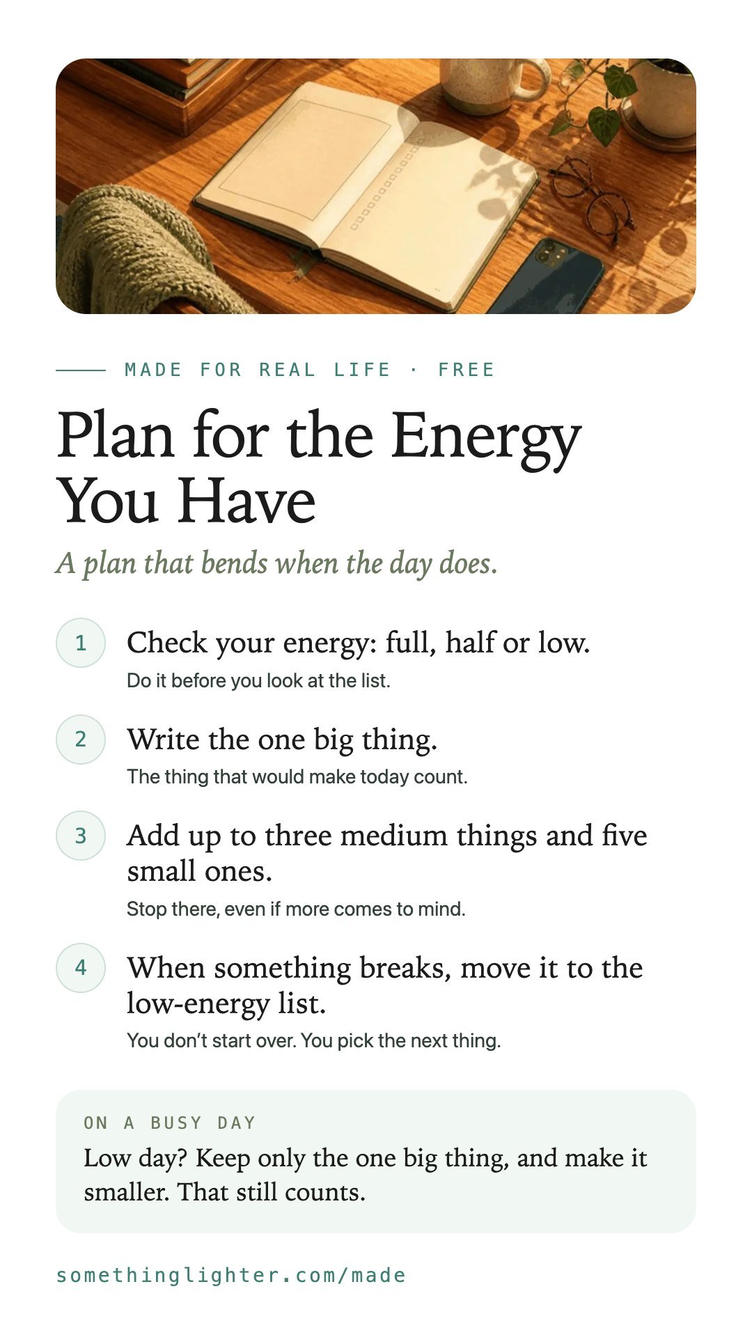 The steps for Plan for the Energy You Have on one phone-sized card