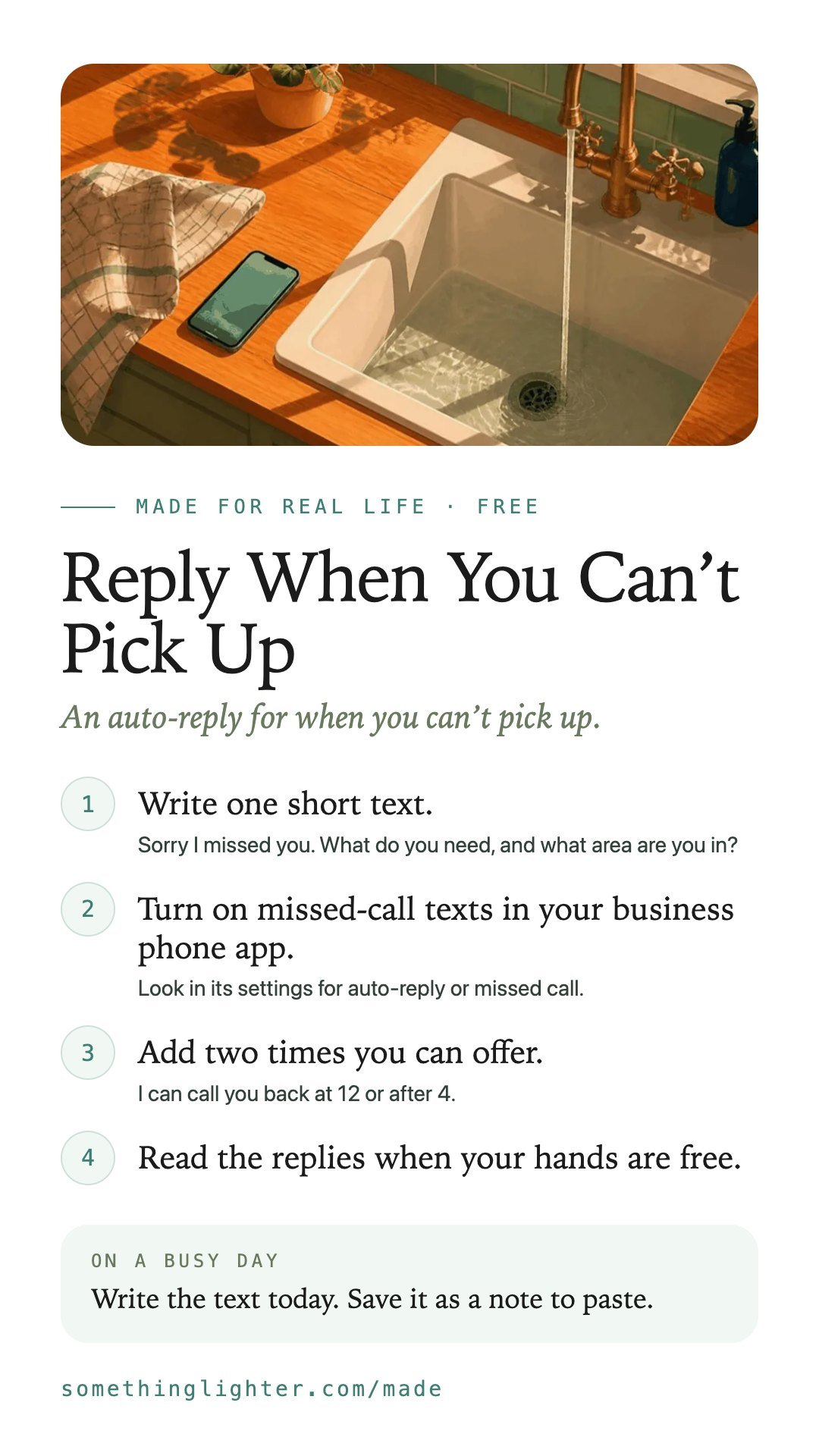 The steps for Reply When You Can’t Pick Up on one phone-sized card