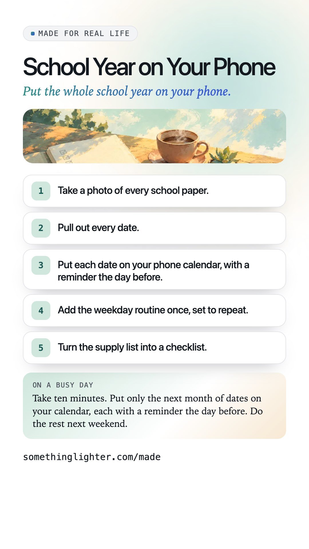 The steps for School Year on Your Phone on one phone-sized card