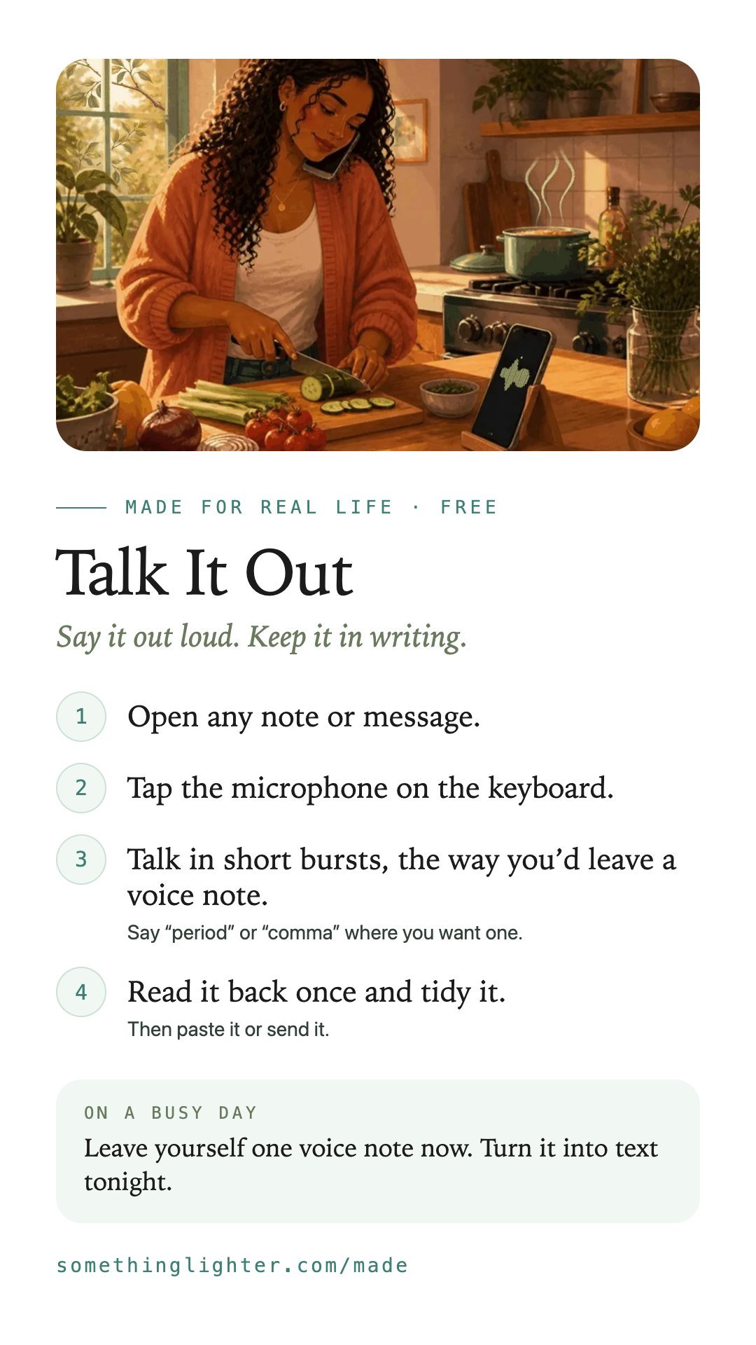 The steps for Talk It Out on one phone-sized card