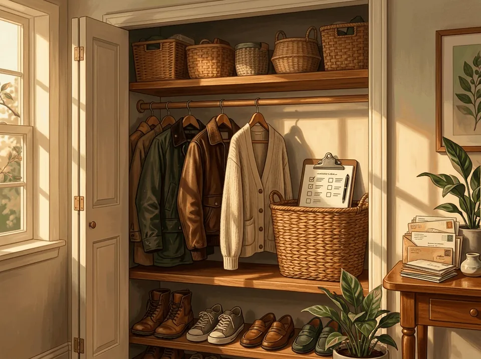 An open closet with coats on the rail, baskets on the shelf, shoes in a row and a plan on a clipboard.