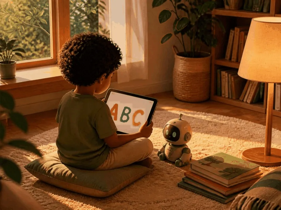 A child sits on a cushion reading big letters on a tablet, a small toy robot beside him.