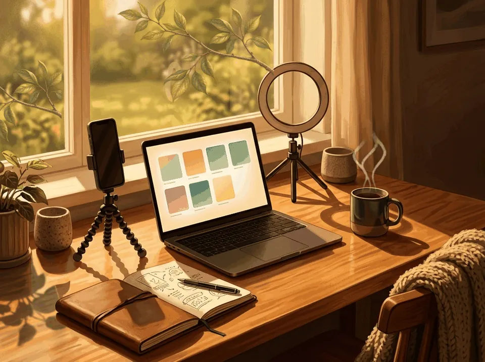 A laptop showing a week of posts, a phone on a small tripod and a ring light by a sunny window.