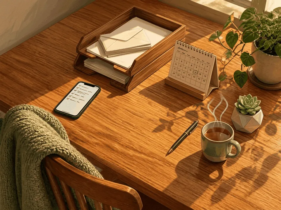 A letter tray, a desk calendar and a phone showing a list, beside a cup of tea.
