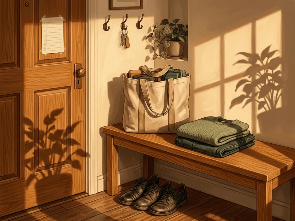 A tote bag, a folded sweater and shoes set out on a bench by the front door.