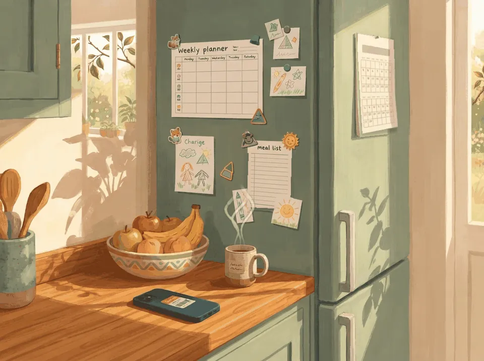 A fridge door with a weekly planner, a meal list and children’s drawings, beside a bowl of fruit.