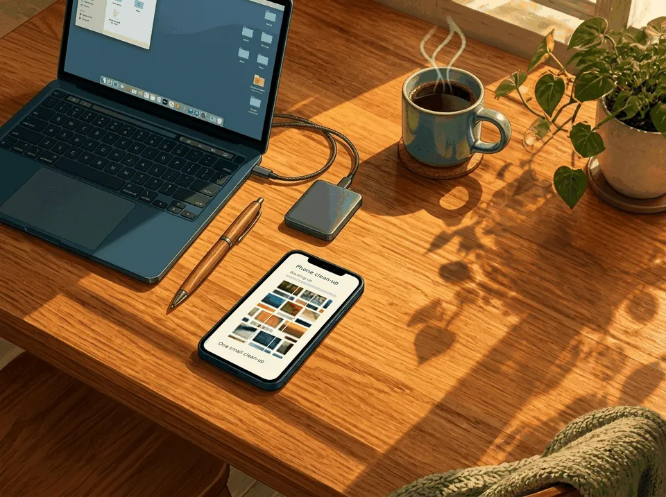 A laptop, a small backup drive and a phone showing a photo clean-up on a sunny desk.