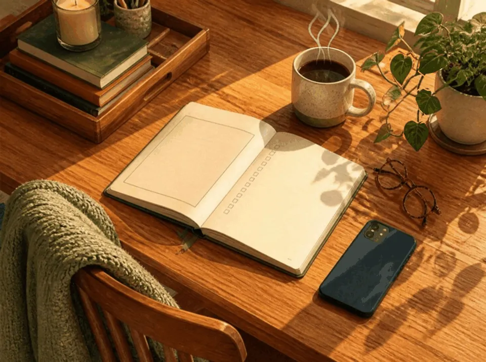An open planner, a phone and a cup of coffee on a sunny wooden desk.