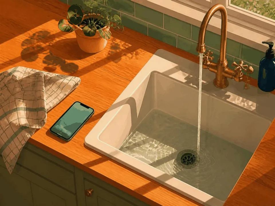 A phone resting beside a kitchen sink with the tap running.