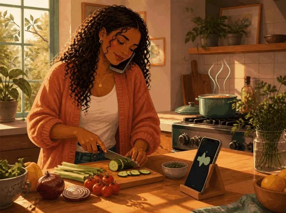 A woman chops vegetables in a warm kitchen, her phone at her ear and a second phone on a stand showing her voice.