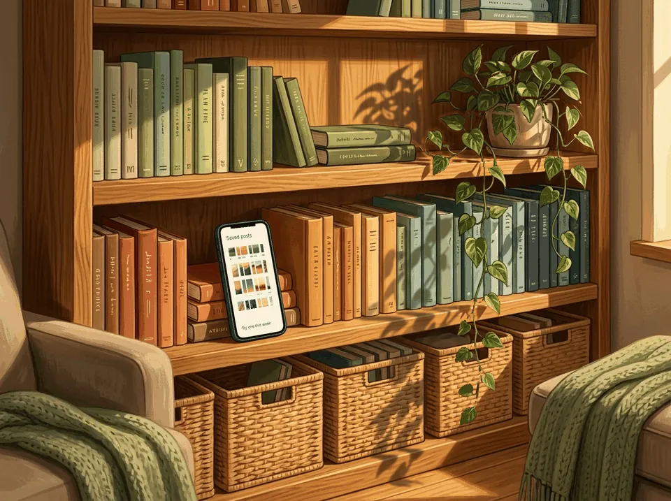 A bookshelf of books and baskets, with a phone on the shelf showing saved posts.