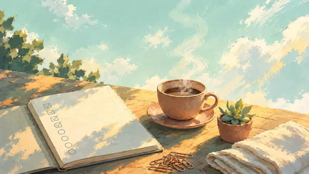 An open notebook, warm coffee and a small plant in the sunlight.
